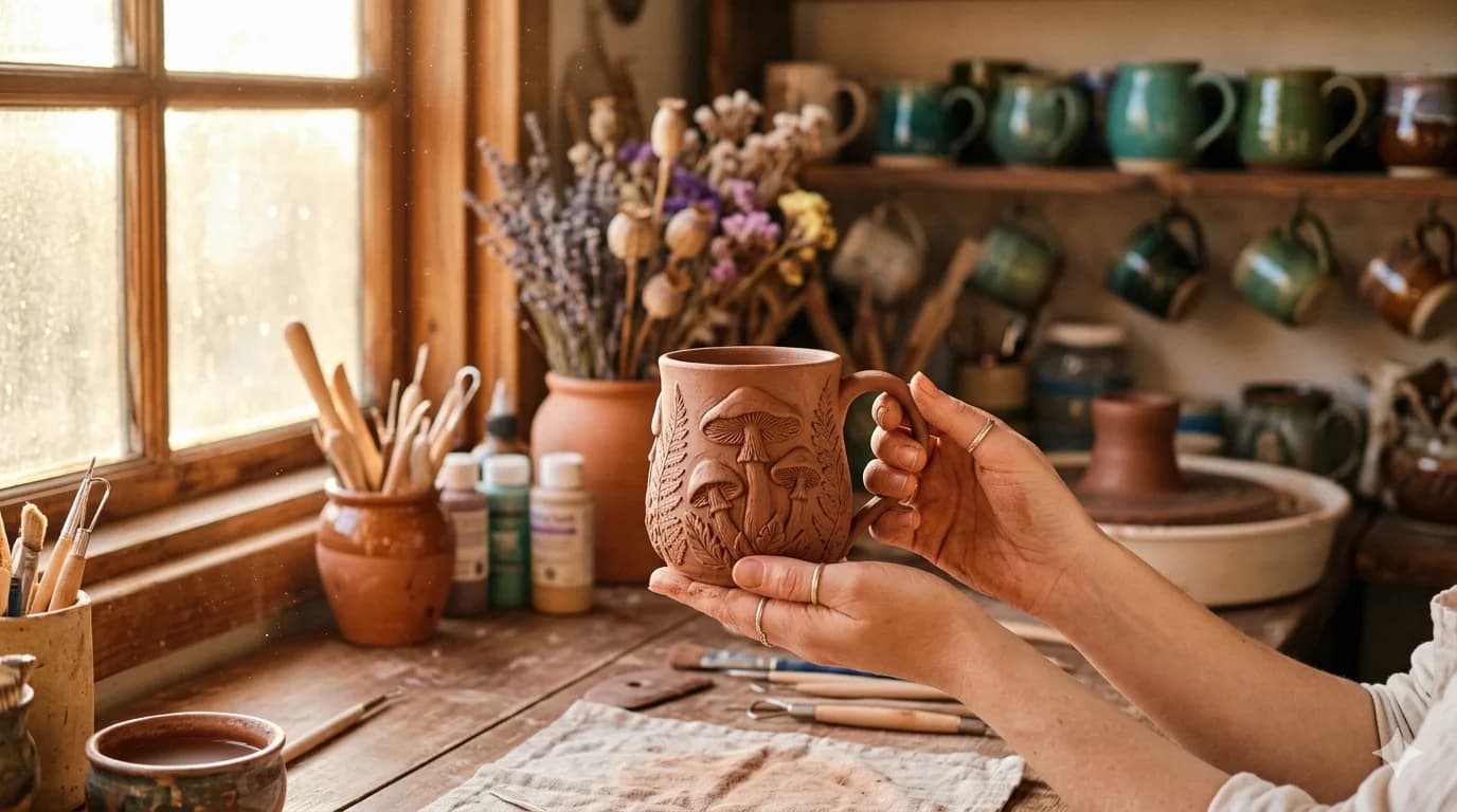 Ręce ceramiczki trzymające ręcznie rzeźbiony kubek z motywem grzybków w pracowni Fairy Pottery
