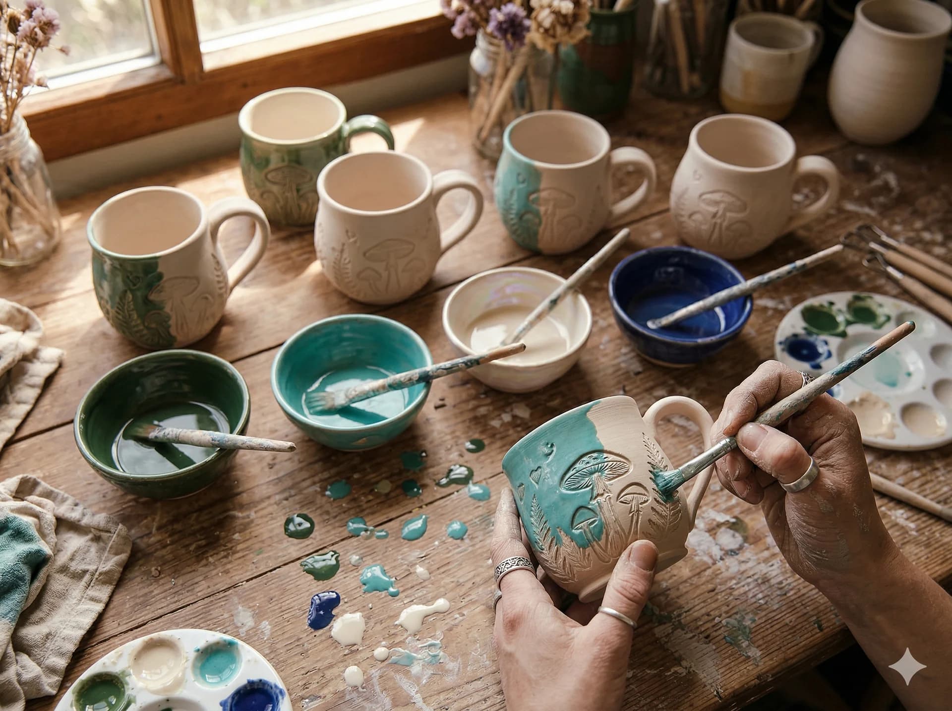 Nakładanie kolorowych szkliw na kubki ceramiczne w pracowni Fairy Pottery